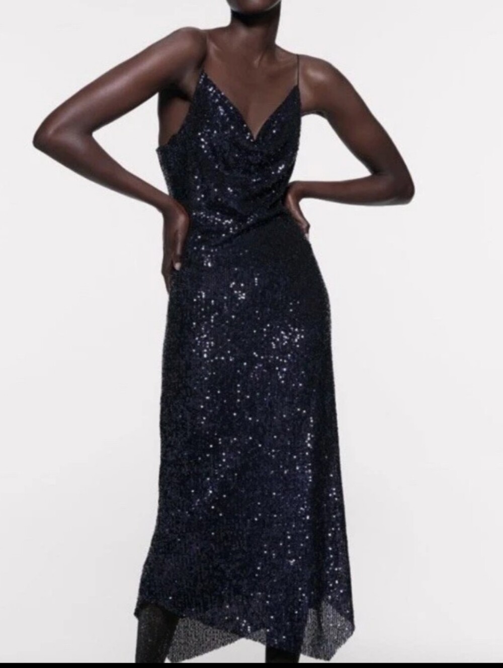 Zara Sparkly Sequin Bodycon Dress Blue | High-Low Hem Night Out Dress Size M